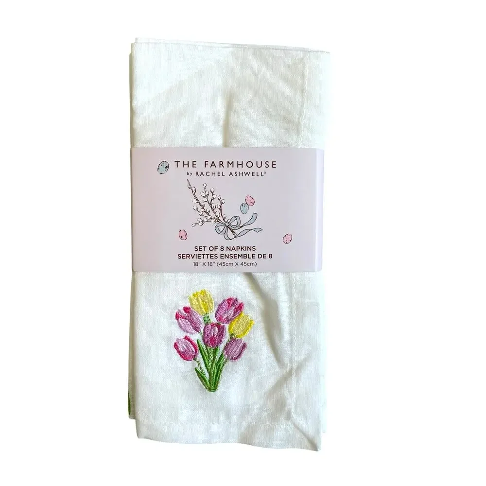 8pc Rachel Ashwell THE FARMHOUSE Cotton Napkins 18x18 Embroidered Tulips New